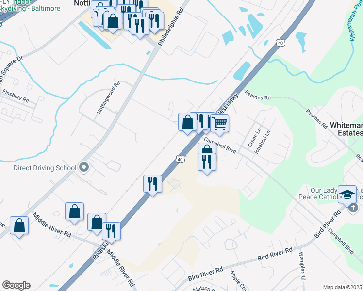 map of restaurants, bars, coffee shops, grocery stores, and more near 9810 Pulaski Highway in Middle River