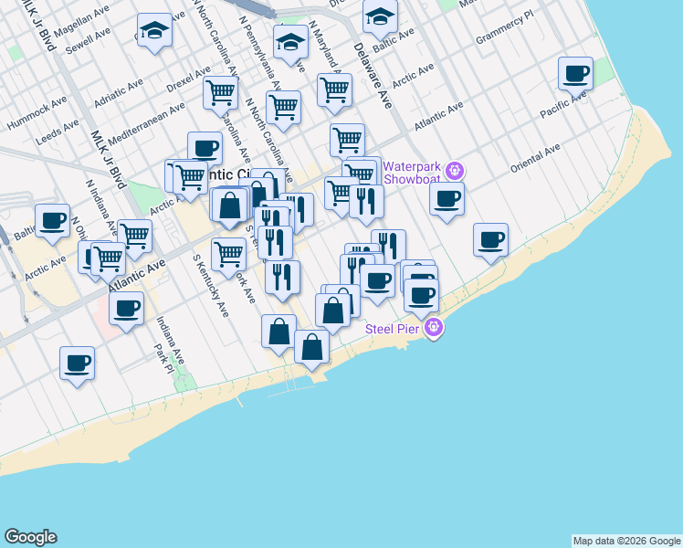map of restaurants, bars, coffee shops, grocery stores, and more near 136 South South Carolina Avenue in Atlantic City
