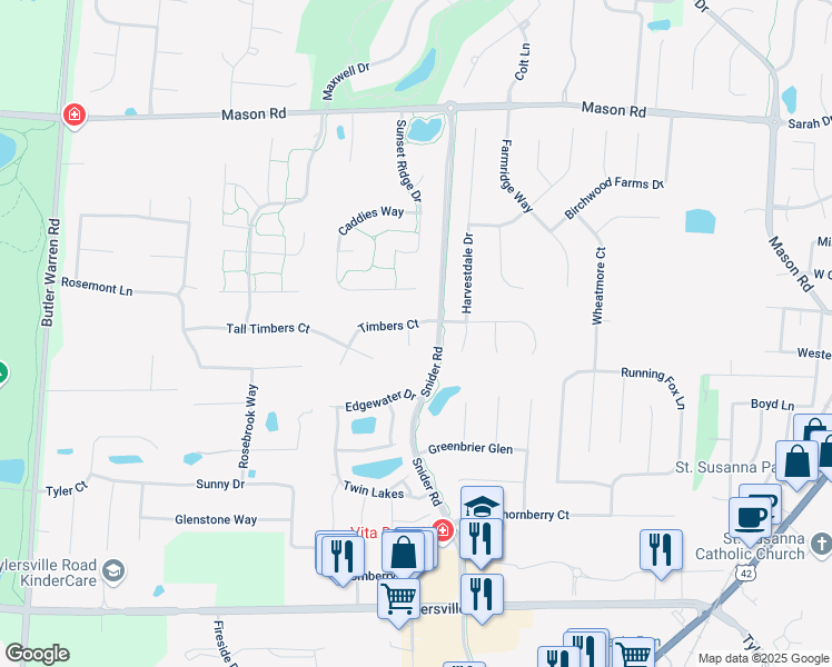 map of restaurants, bars, coffee shops, grocery stores, and more near 6341 Timbers Court in Mason