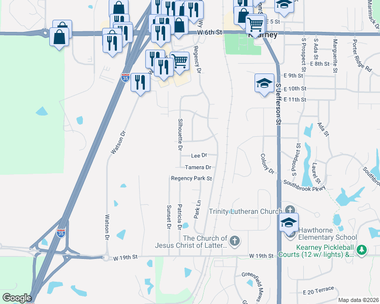 map of restaurants, bars, coffee shops, grocery stores, and more near 406 Lee Drive in Kearney