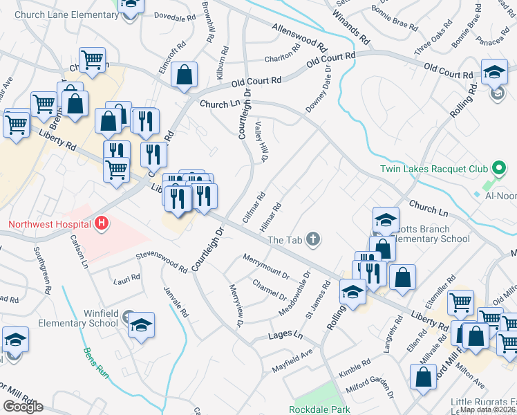 map of restaurants, bars, coffee shops, grocery stores, and more near 3611 Clifmar Road in Milford Mill