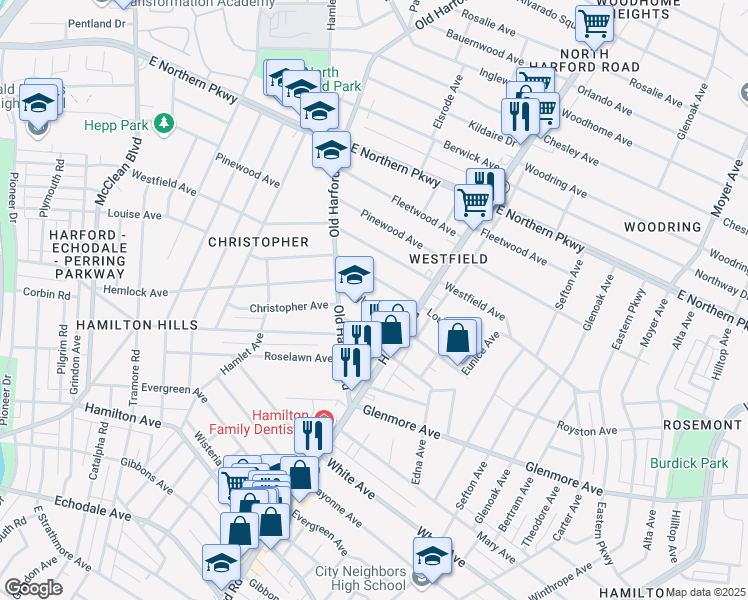 map of restaurants, bars, coffee shops, grocery stores, and more near 2918 Sylvan Avenue in Baltimore