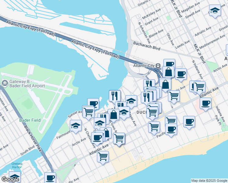 map of restaurants, bars, coffee shops, grocery stores, and more near 239 Arizona Avenue in Atlantic City