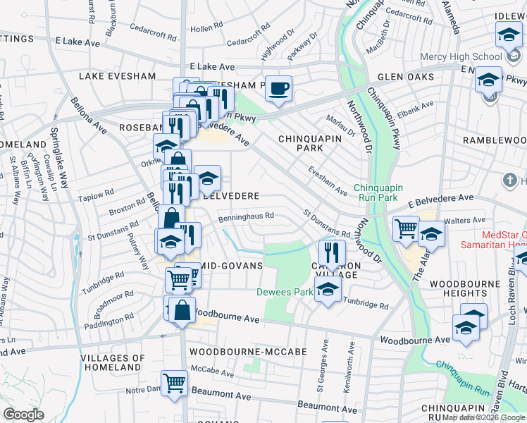 map of restaurants, bars, coffee shops, grocery stores, and more near 826 Benninghaus Road in Baltimore