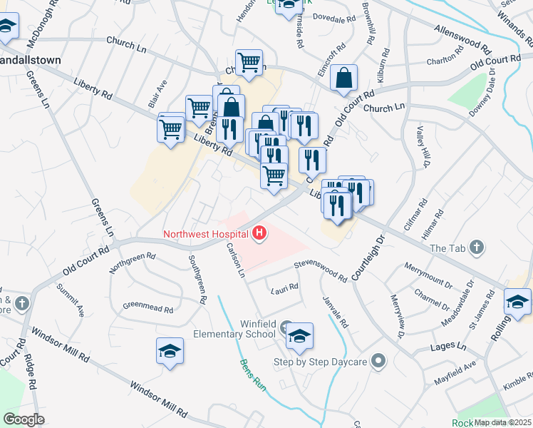 map of restaurants, bars, coffee shops, grocery stores, and more near 8601 Gray Fox Road in Randallstown