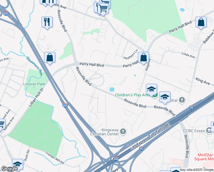 map of restaurants, bars, coffee shops, grocery stores, and more near 7602 Cedar Pond Lane in Rosedale