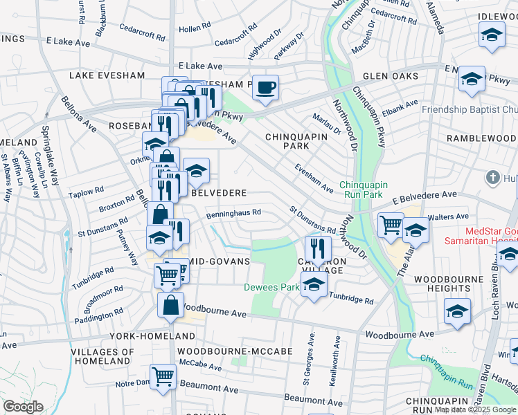 map of restaurants, bars, coffee shops, grocery stores, and more near 840 Benninghaus Road in Baltimore