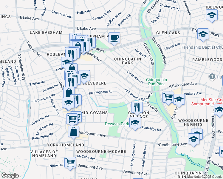 map of restaurants, bars, coffee shops, grocery stores, and more near 840 Benninghaus Road in Baltimore