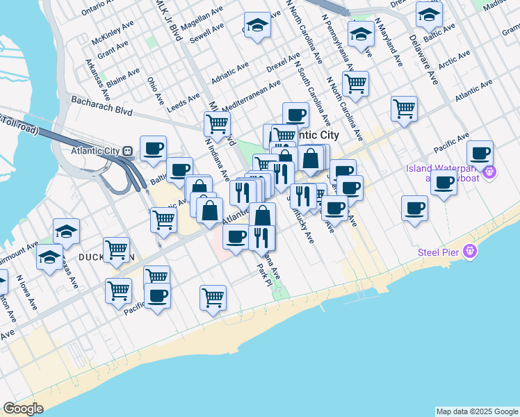 map of restaurants, bars, coffee shops, grocery stores, and more near 20 South Doctor Martin Luther King Boulevard in Atlantic City