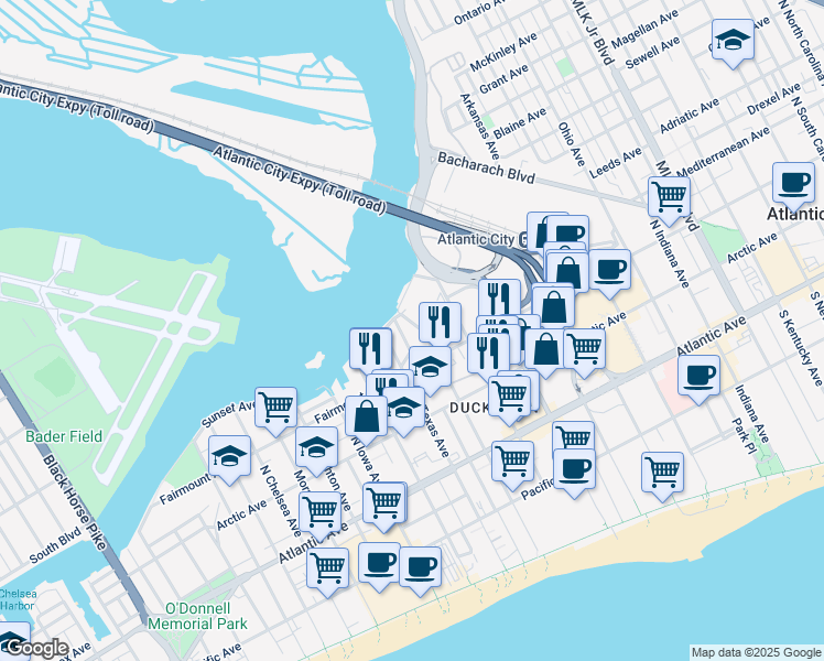 map of restaurants, bars, coffee shops, grocery stores, and more near 247 Nevada Avenue in Atlantic City