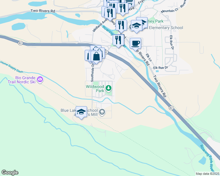 map of restaurants, bars, coffee shops, grocery stores, and more near 357 Allison Lane in Basalt