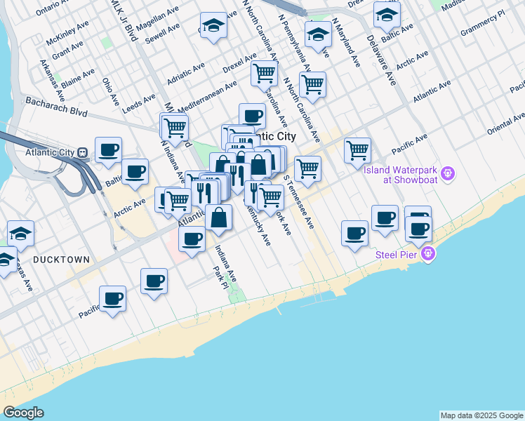 map of restaurants, bars, coffee shops, grocery stores, and more near 31 South Doctor Martin Luther King Boulevard in Atlantic City