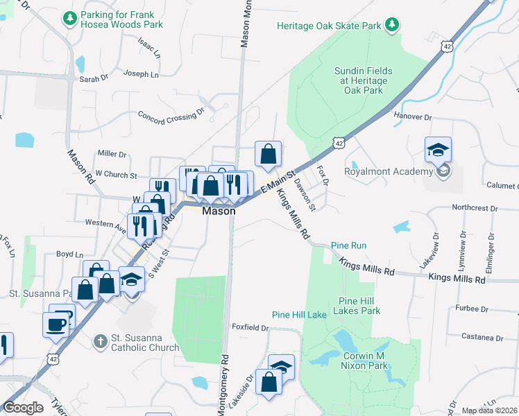 map of restaurants, bars, coffee shops, grocery stores, and more near 117 East Main Street in Mason
