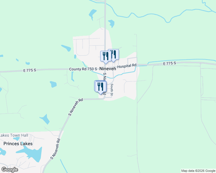 map of restaurants, bars, coffee shops, grocery stores, and more near 7919 South Nineveh Road in Nineveh