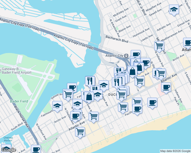 map of restaurants, bars, coffee shops, grocery stores, and more near 243 Nevada Avenue in Atlantic City