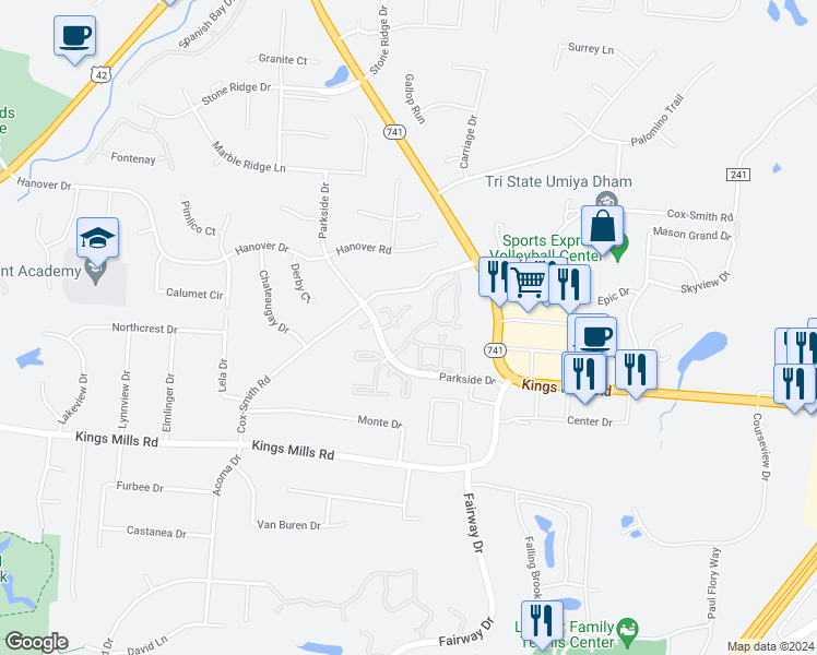 map of restaurants, bars, coffee shops, grocery stores, and more near 708 Sherwood Green Court in Mason