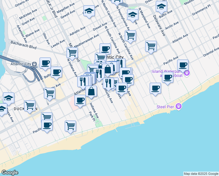 map of restaurants, bars, coffee shops, grocery stores, and more near 31 South Doctor Martin Luther King Boulevard in Atlantic City