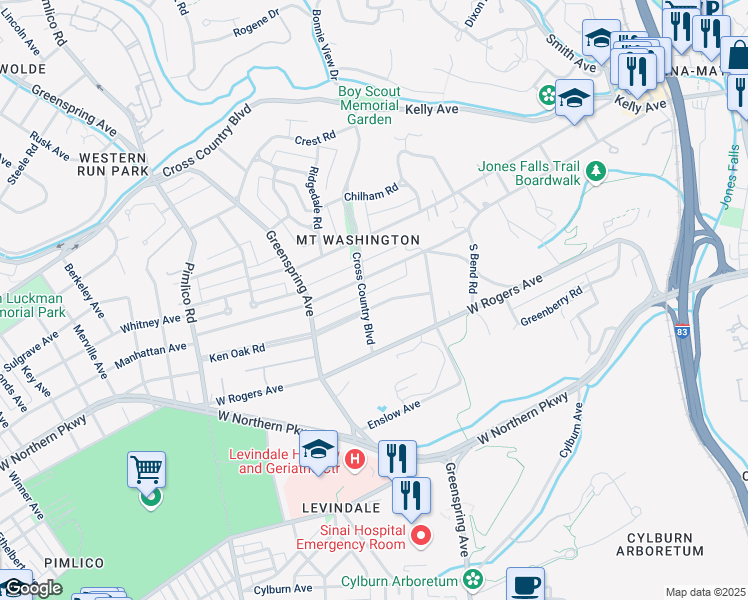 map of restaurants, bars, coffee shops, grocery stores, and more near 2216 Ken Oak Road in Baltimore