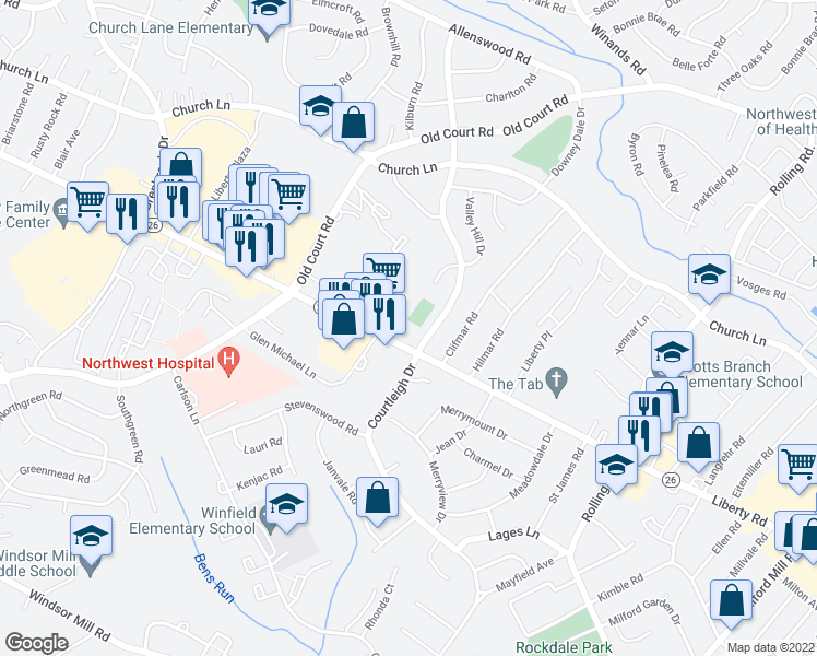 map of restaurants, bars, coffee shops, grocery stores, and more near 8502 Liberty Road in Randallstown
