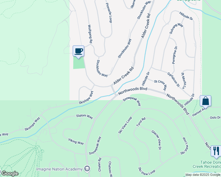 map of restaurants, bars, coffee shops, grocery stores, and more near 15051 Alder Creek Road in Truckee