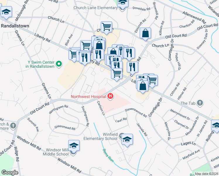 map of restaurants, bars, coffee shops, grocery stores, and more near 8601 Gray Fox Road in Randallstown