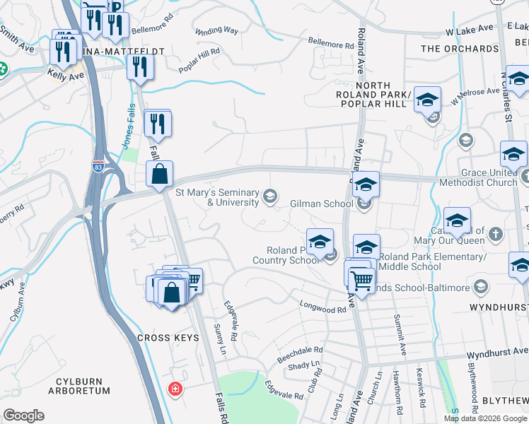 map of restaurants, bars, coffee shops, grocery stores, and more near 5400 Roland Avenue in Baltimore
