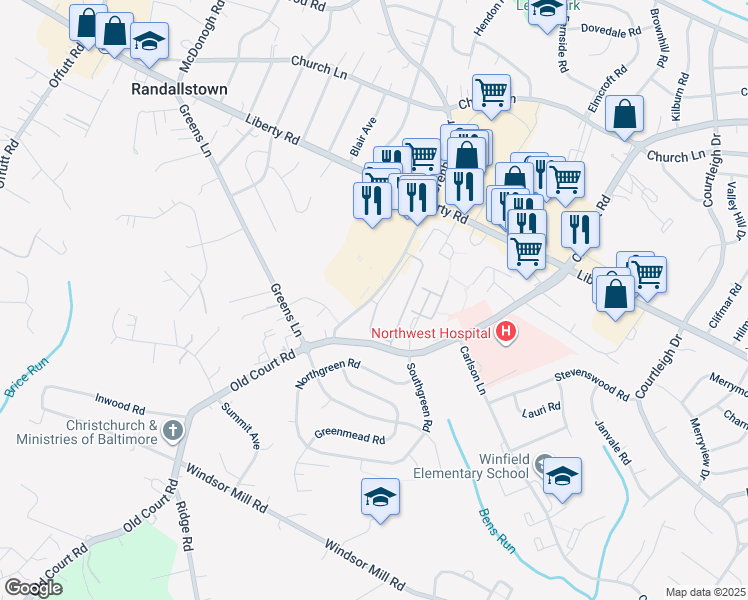 map of restaurants, bars, coffee shops, grocery stores, and more near 19 Cinnamon Circle in Randallstown