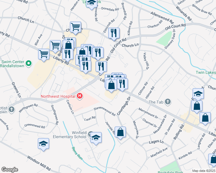 map of restaurants, bars, coffee shops, grocery stores, and more near 8523 Liberty Road in Randallstown
