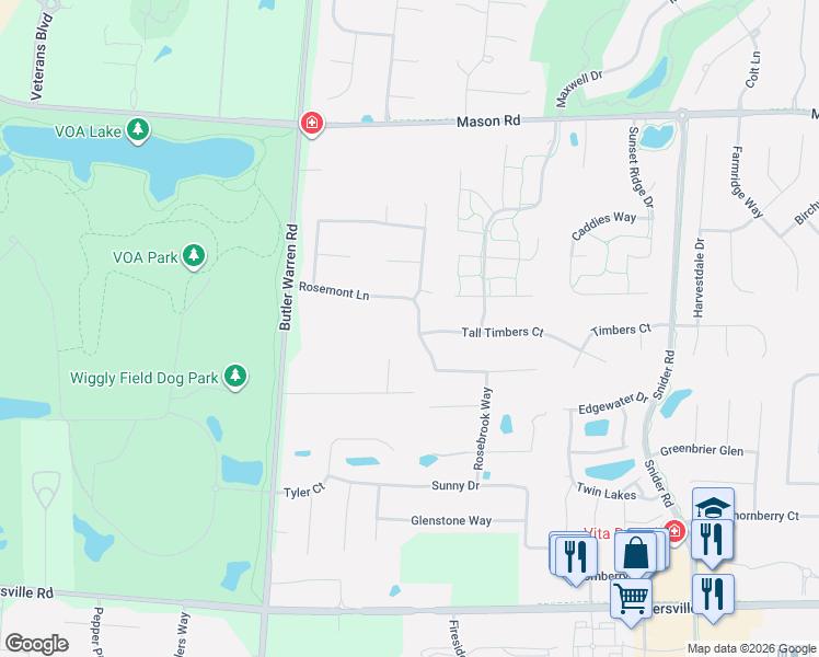 map of restaurants, bars, coffee shops, grocery stores, and more near 6469 Rosemont Lane in Mason