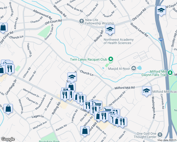 map of restaurants, bars, coffee shops, grocery stores, and more near 8242 Church Lane in Milford Mill