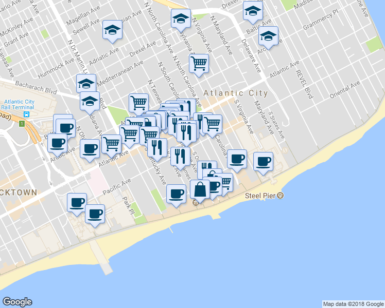 map of restaurants, bars, coffee shops, grocery stores, and more near 102 South Ocean Avenue in Atlantic City