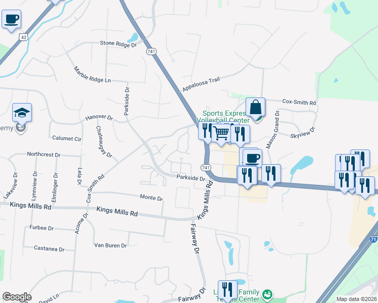 map of restaurants, bars, coffee shops, grocery stores, and more near 5280 Bay Pointe Drive in Mason