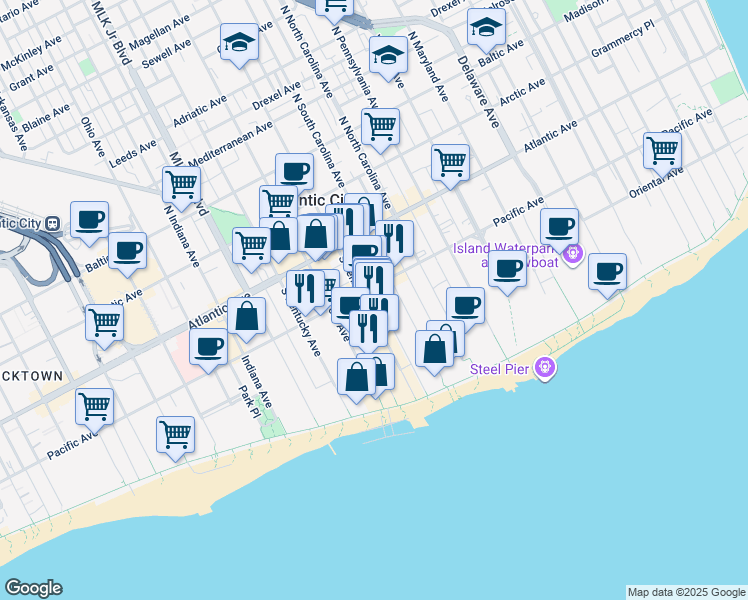 map of restaurants, bars, coffee shops, grocery stores, and more near 102 South Ocean Avenue in Atlantic City