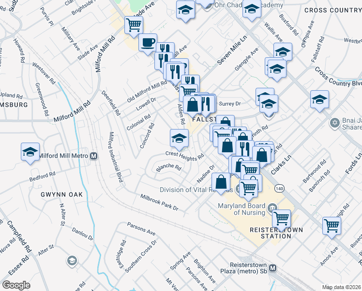 map of restaurants, bars, coffee shops, grocery stores, and more near 4300 Crest Heights Road in Baltimore