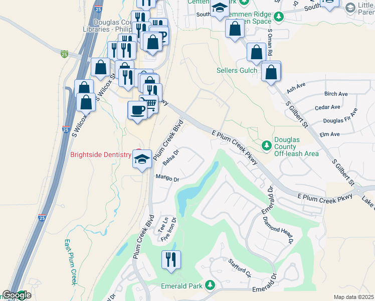 map of restaurants, bars, coffee shops, grocery stores, and more near 1105 Koa Court in Castle Rock