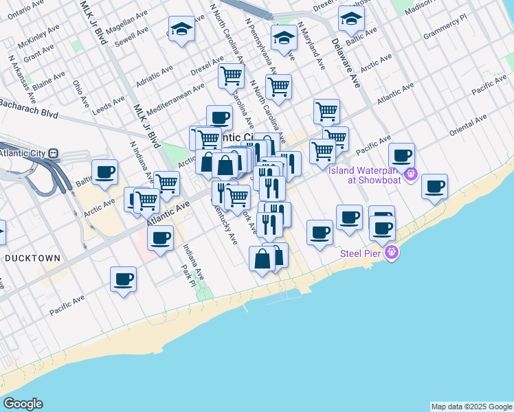map of restaurants, bars, coffee shops, grocery stores, and more near 1409 Pacific Avenue in Atlantic City