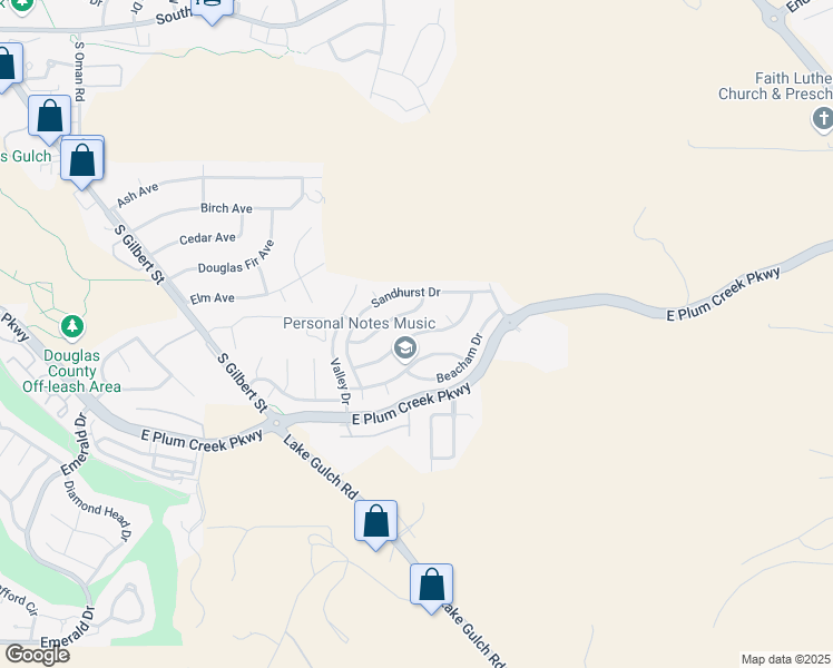 map of restaurants, bars, coffee shops, grocery stores, and more near 2126 Vineyard Drive in Castle Rock