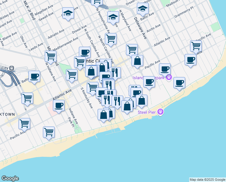 map of restaurants, bars, coffee shops, grocery stores, and more near 120 South South Carolina Avenue in Atlantic City