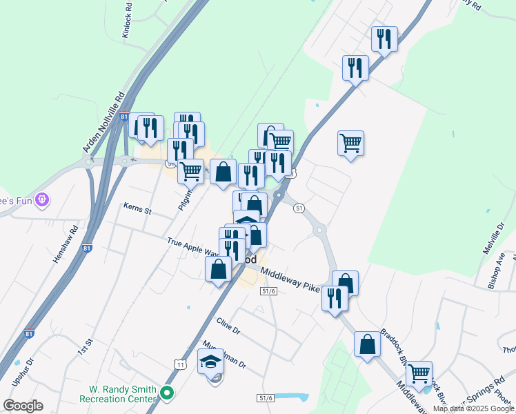 map of restaurants, bars, coffee shops, grocery stores, and more near 5134 Gerrardstown Road in Inwood