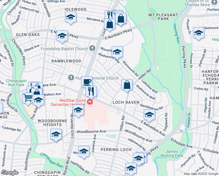 map of restaurants, bars, coffee shops, grocery stores, and more near 1625 Gleneagle Road in Baltimore