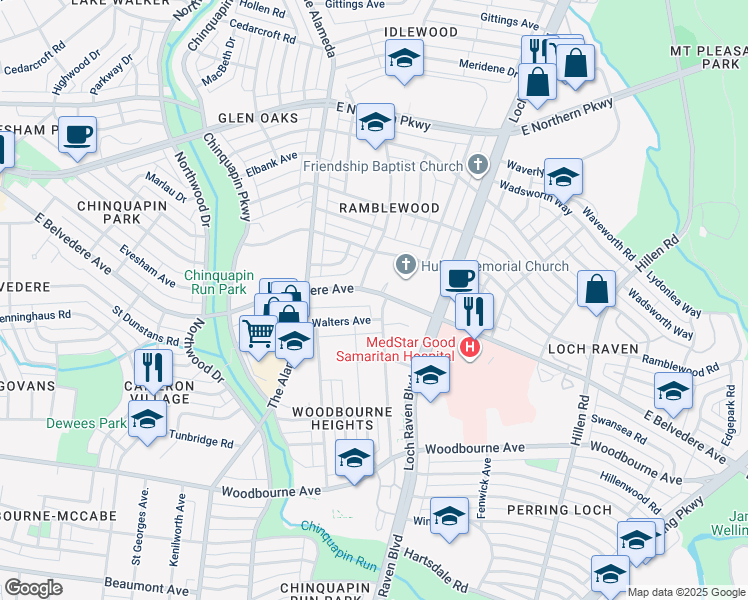 map of restaurants, bars, coffee shops, grocery stores, and more near 5664 Woodmont Avenue in Baltimore