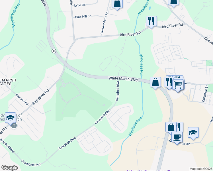 map of restaurants, bars, coffee shops, grocery stores, and more near 10460 Campbell Boulevard in Middle River