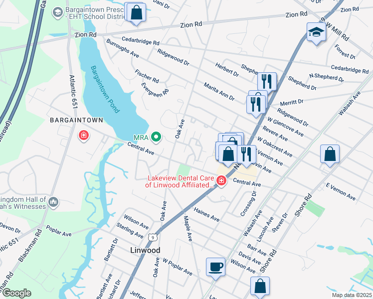 map of restaurants, bars, coffee shops, grocery stores, and more near 550 Central Avenue in Linwood
