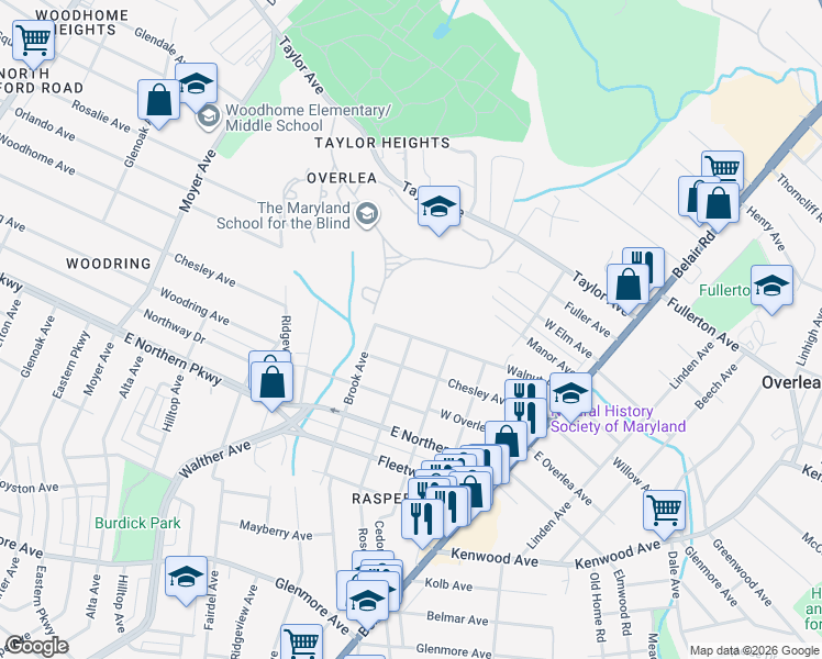 map of restaurants, bars, coffee shops, grocery stores, and more near 3814 Walnut Avenue in Baltimore