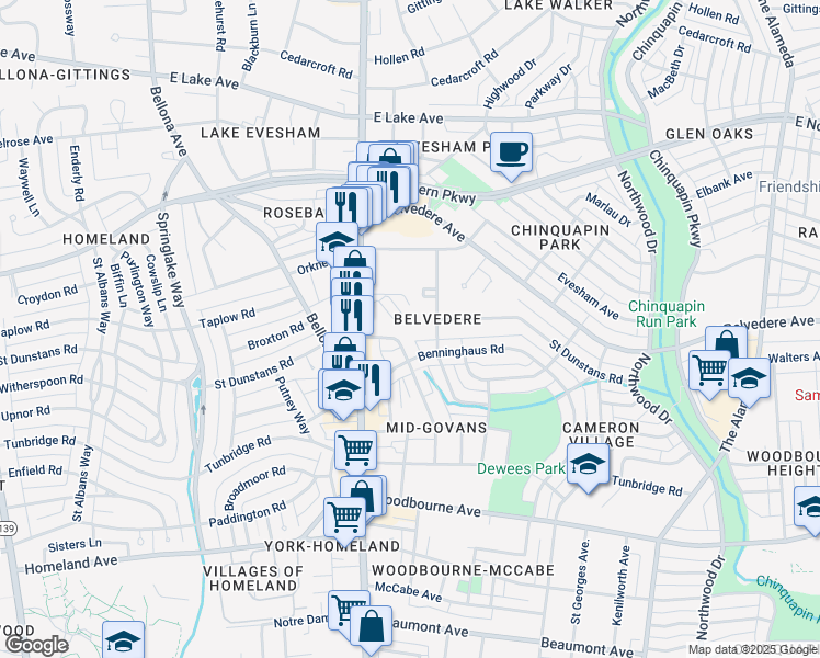 map of restaurants, bars, coffee shops, grocery stores, and more near 5801 York Road in Baltimore