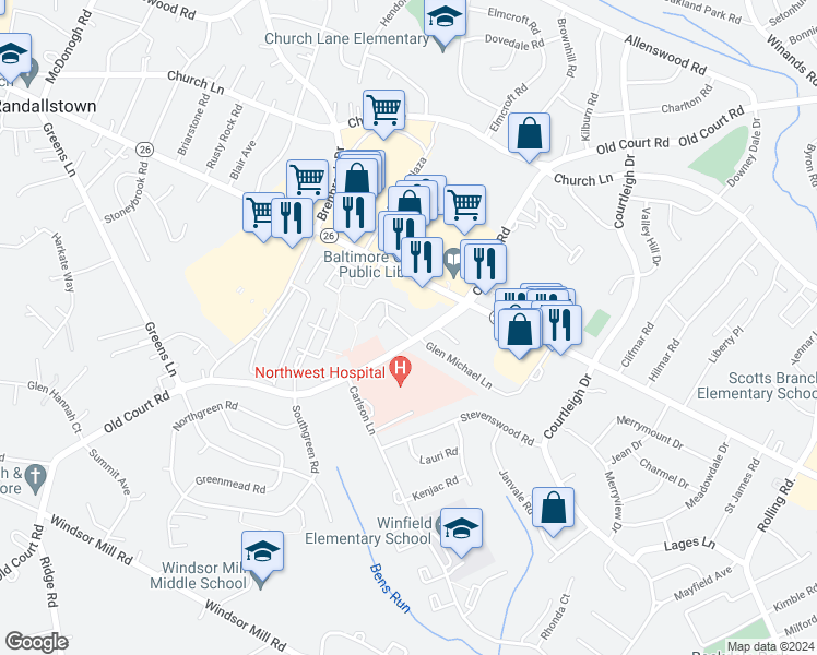 map of restaurants, bars, coffee shops, grocery stores, and more near 8598 Gray Fox Road in Randallstown