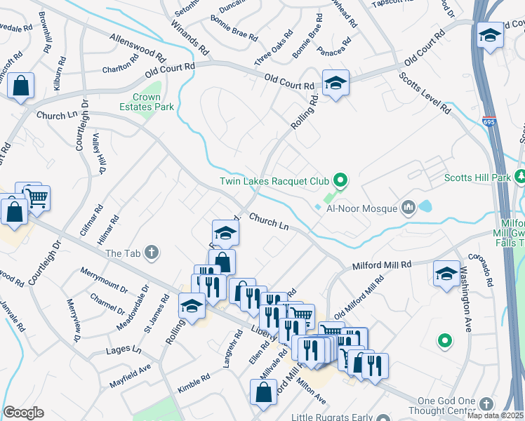 map of restaurants, bars, coffee shops, grocery stores, and more near 8246 Church Lane in Milford Mill