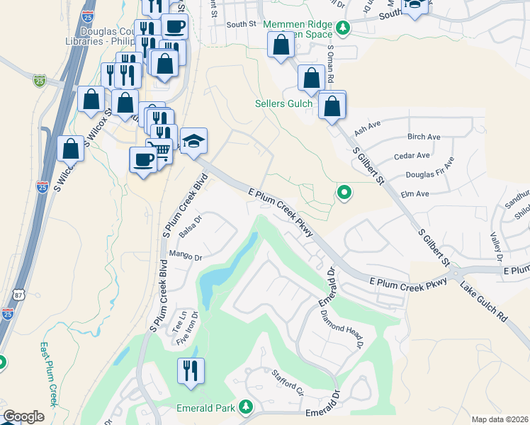 map of restaurants, bars, coffee shops, grocery stores, and more near 940 Plum Creek Parkway in Castle Rock
