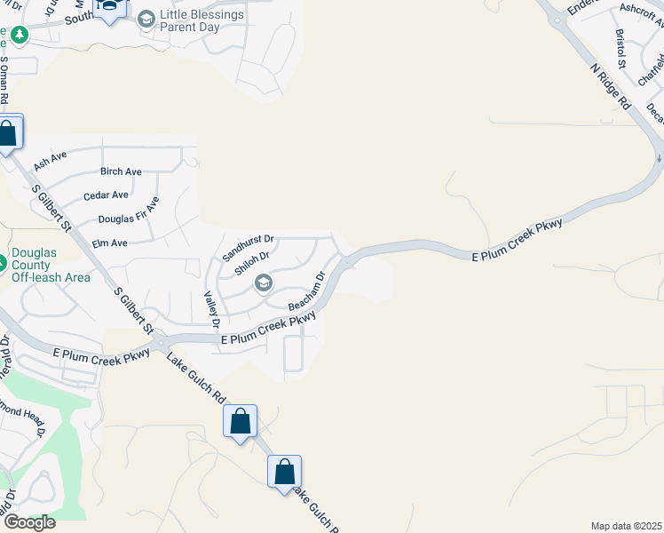 map of restaurants, bars, coffee shops, grocery stores, and more near 2334 Beacham Drive in Castle Rock