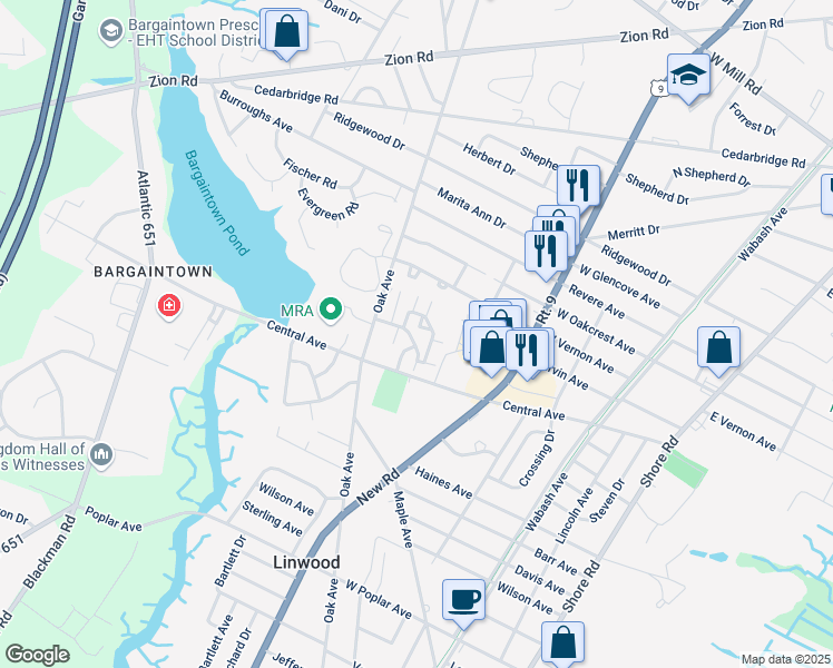 map of restaurants, bars, coffee shops, grocery stores, and more near 550 Central Avenue in Linwood